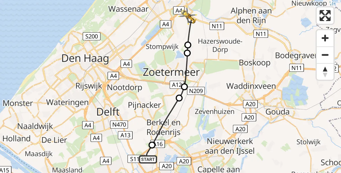Vluchtroute Traumahelikopter Rotterdam The Hague Airport - Zoeterwoude, 01 januari 2026, 15:55