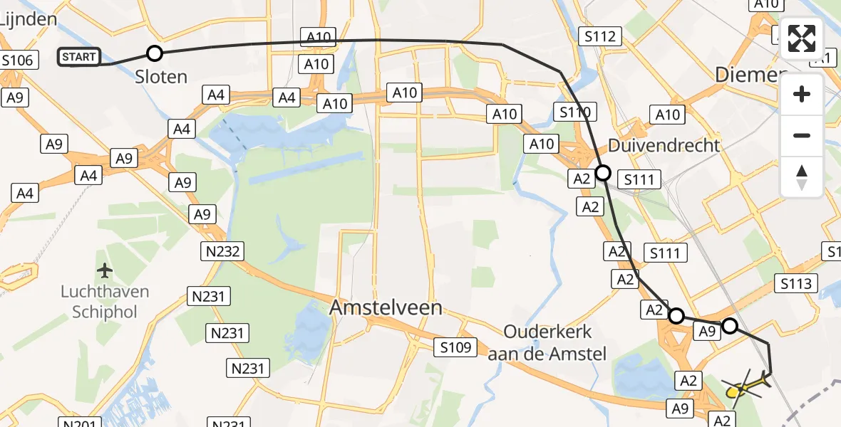 Routekaart van de vlucht: Lifeliner 1 naar Academisch Medisch Centrum (AMC), Helipad