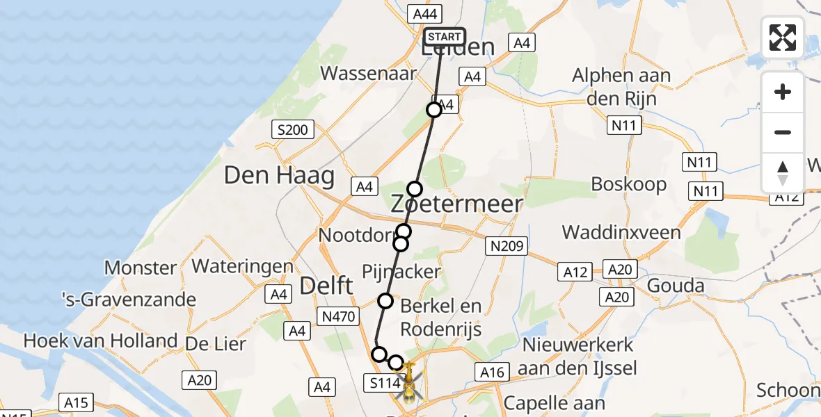 Vluchtroute Traumahelikopter Leiden - Rotterdam The Hague Airport, 01 januari 2026, 16:50