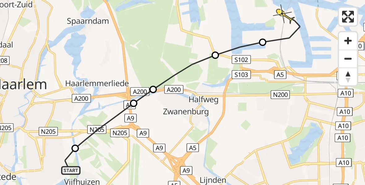 Routekaart van de vlucht: Lifeliner 1 naar Amsterdam Heliport, Hornweg