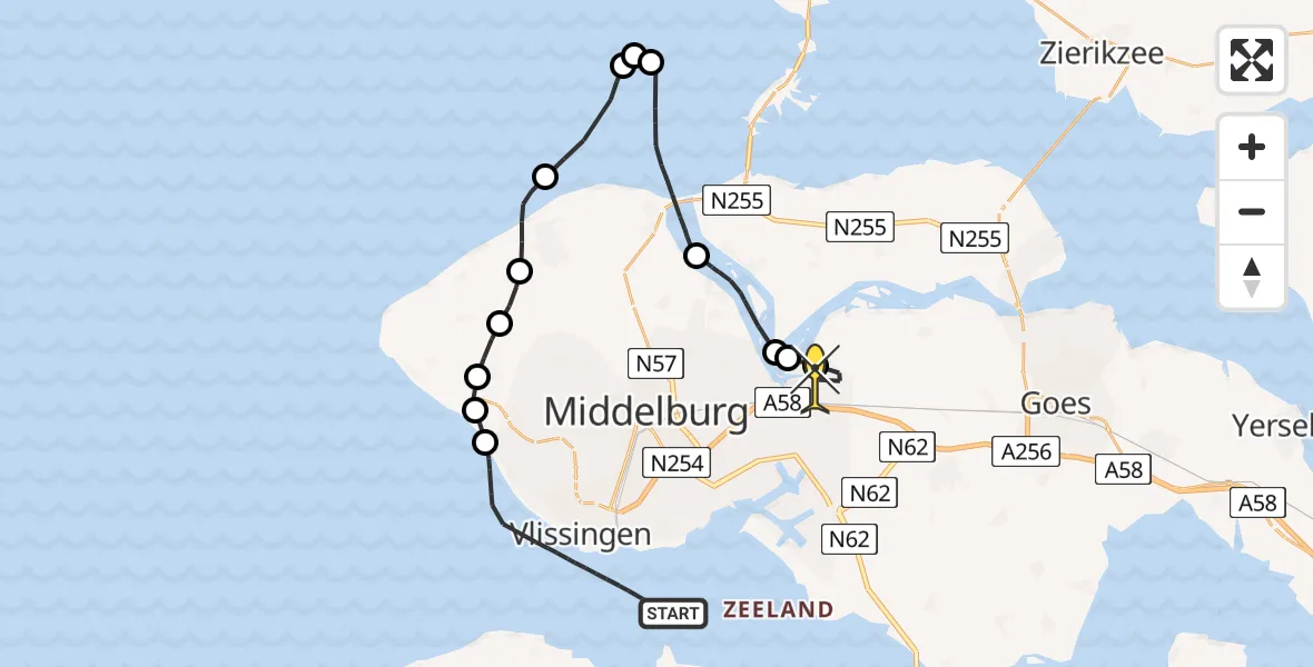 Routekaart van de vlucht: Kustwachthelikopter naar Vliegveld Midden-Zeeland, Calandweg