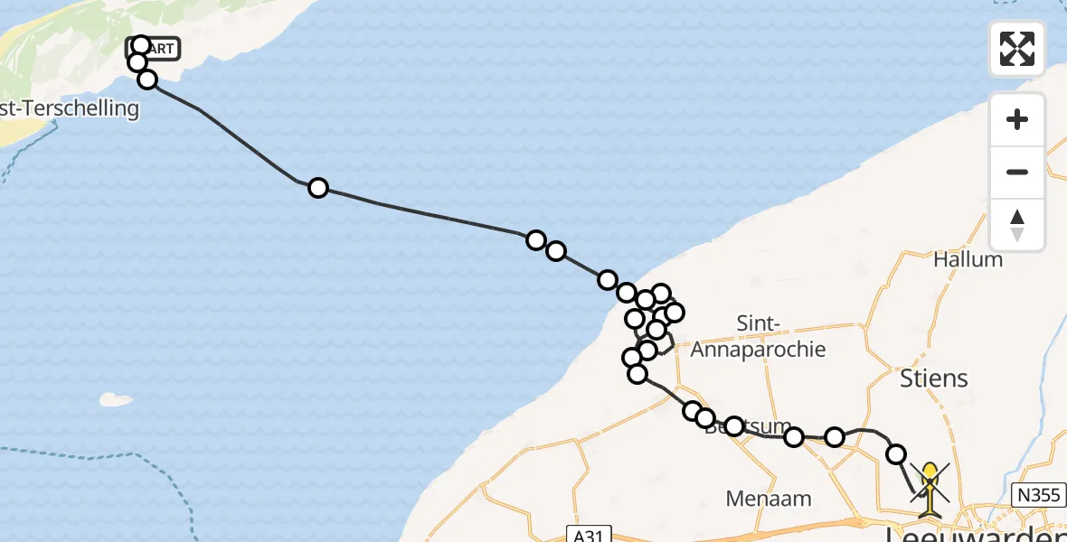 Routekaart van de vlucht: Ambulanceheli naar Vliegbasis Leeuwarden, Keegsdijkje