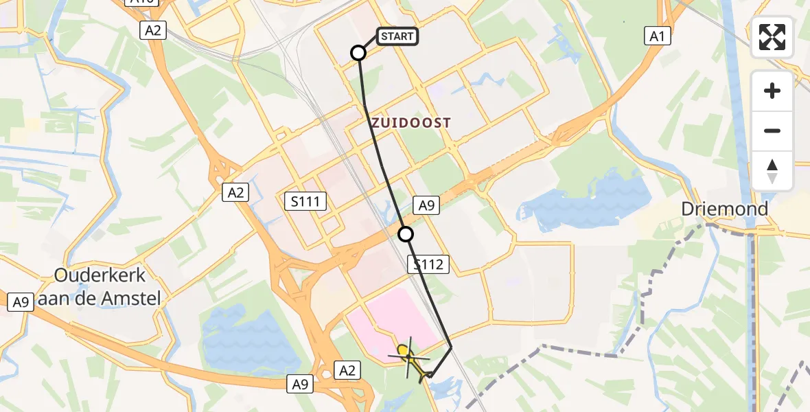 Routekaart van de vlucht: Lifeliner 2 naar Academisch Medisch Centrum (AMC), Abcouderstraatweg
