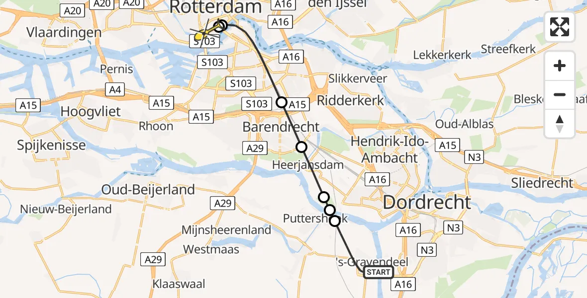 Routekaart van de vlucht: Lifeliner 2 naar Erasmus MC, Westzeedijk