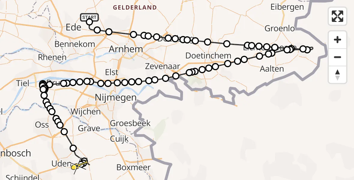 Routekaart van de vlucht: Politiehelikopter naar Vliegbasis Volkel, Zeelandsedijk