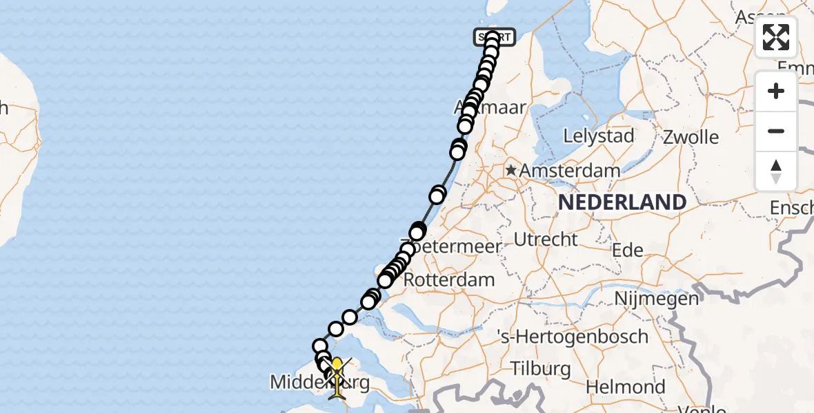 Routekaart van de vlucht: Kustwachthelikopter naar Vliegveld Midden-Zeeland, Calandweg