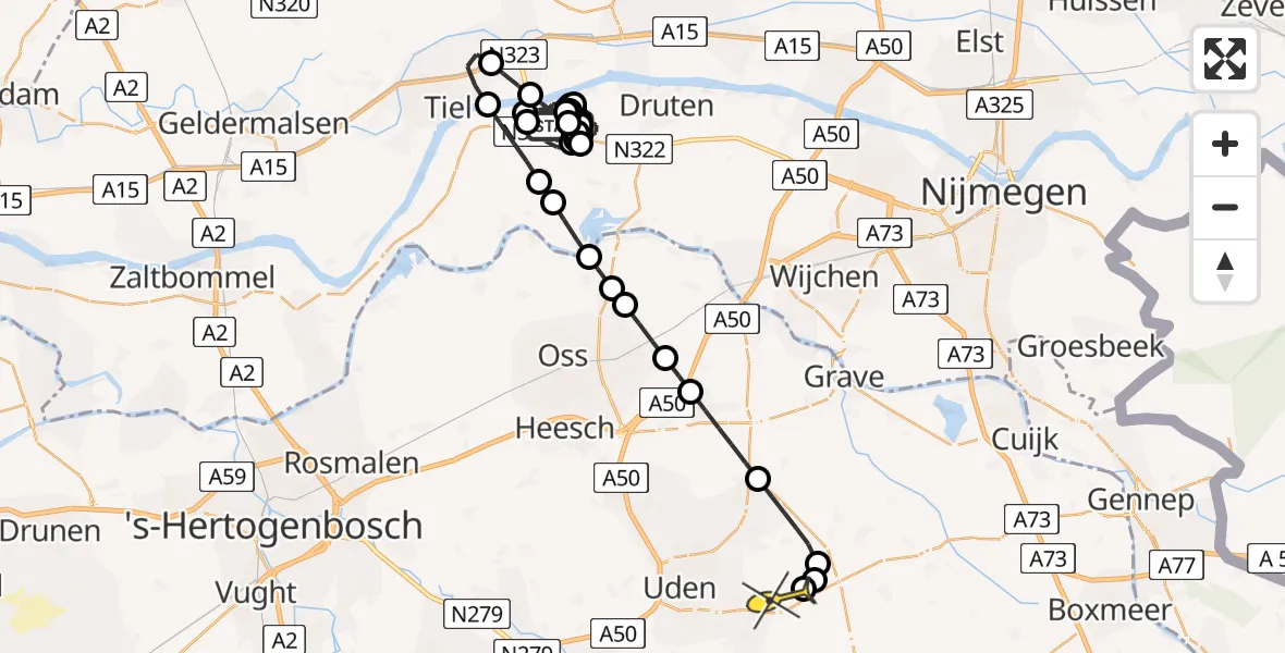 Routekaart van de vlucht: Politieheli naar Vliegbasis Volkel, Zeelandsedijk