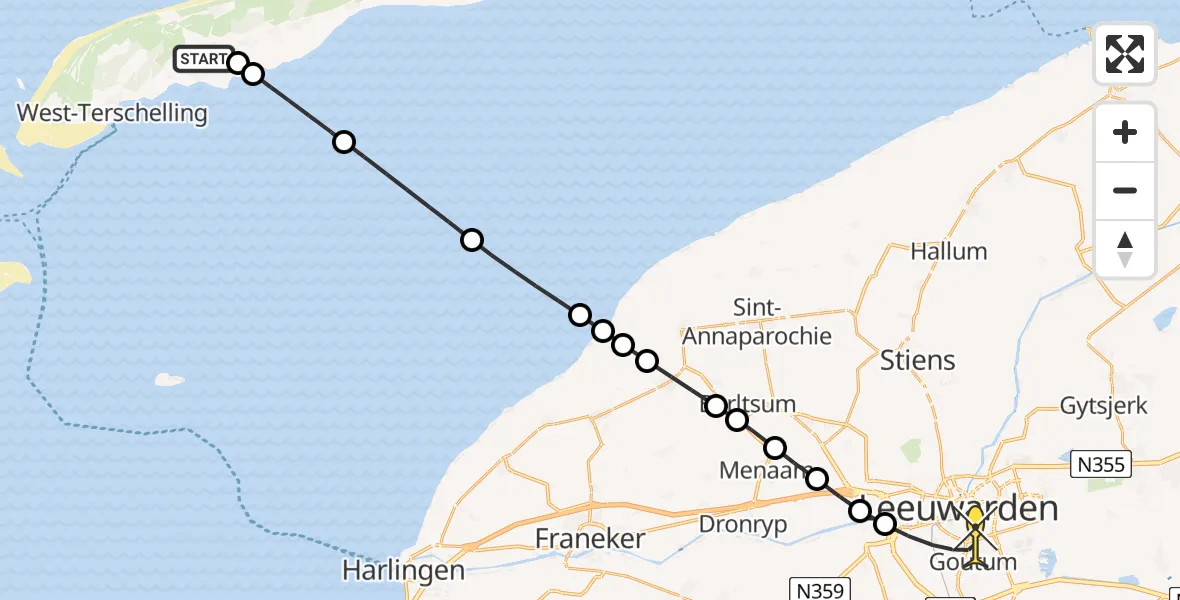 Routekaart van de vlucht: Ambulanceheli naar Leeuwarden, Aldlânsdyk
