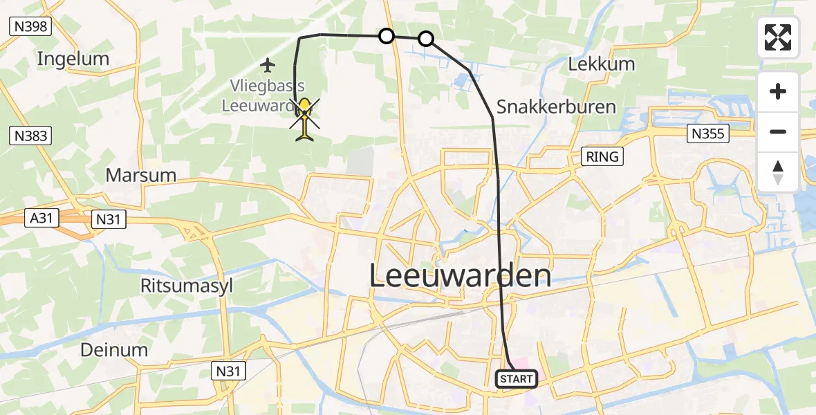 Routekaart van de vlucht: Ambulancehelikopter naar Vliegbasis Leeuwarden, Keegsdijkje