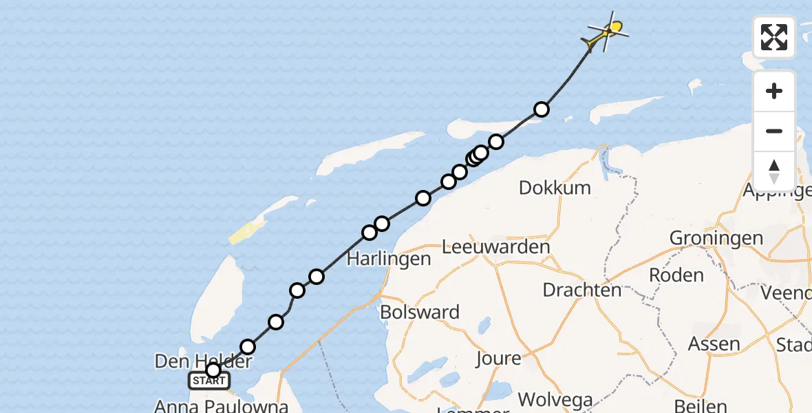 Routekaart van de vlucht: Kustwachthelikopter naar Oostoeverweg