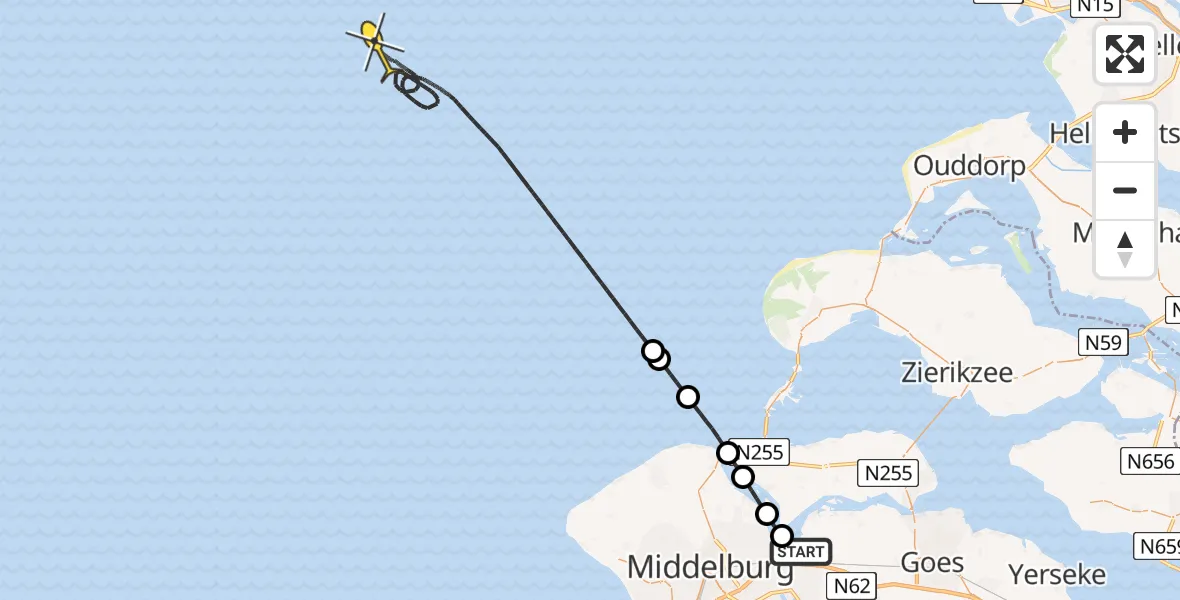 Routekaart van de vlucht: Kustwachthelikopter naar Lamsoor