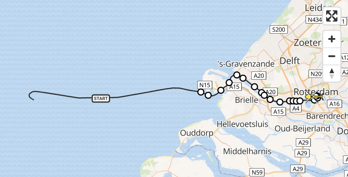 Routekaart van de vlucht: Kustwachthelikopter naar Erasmus MC, Westzeedijk