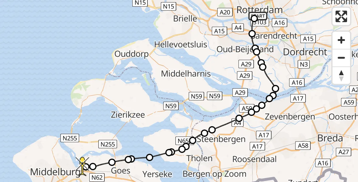 Routekaart van de vlucht: Kustwachthelikopter naar Vliegveld Midden-Zeeland, Calandweg