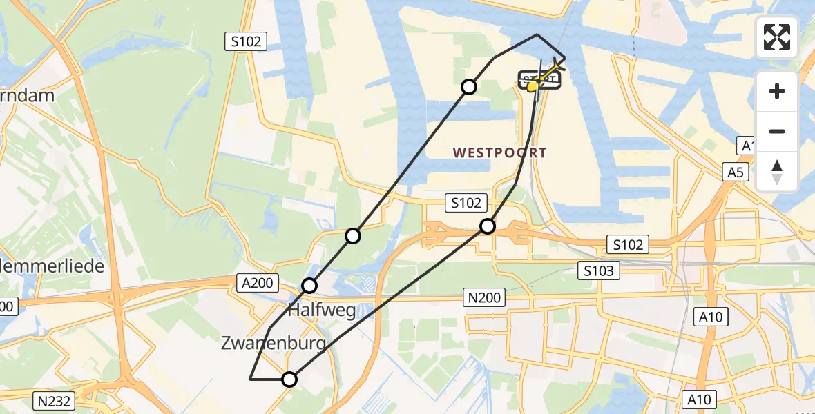 Routekaart van de vlucht: Lifeliner 1 naar Amsterdam Heliport, Capriweg