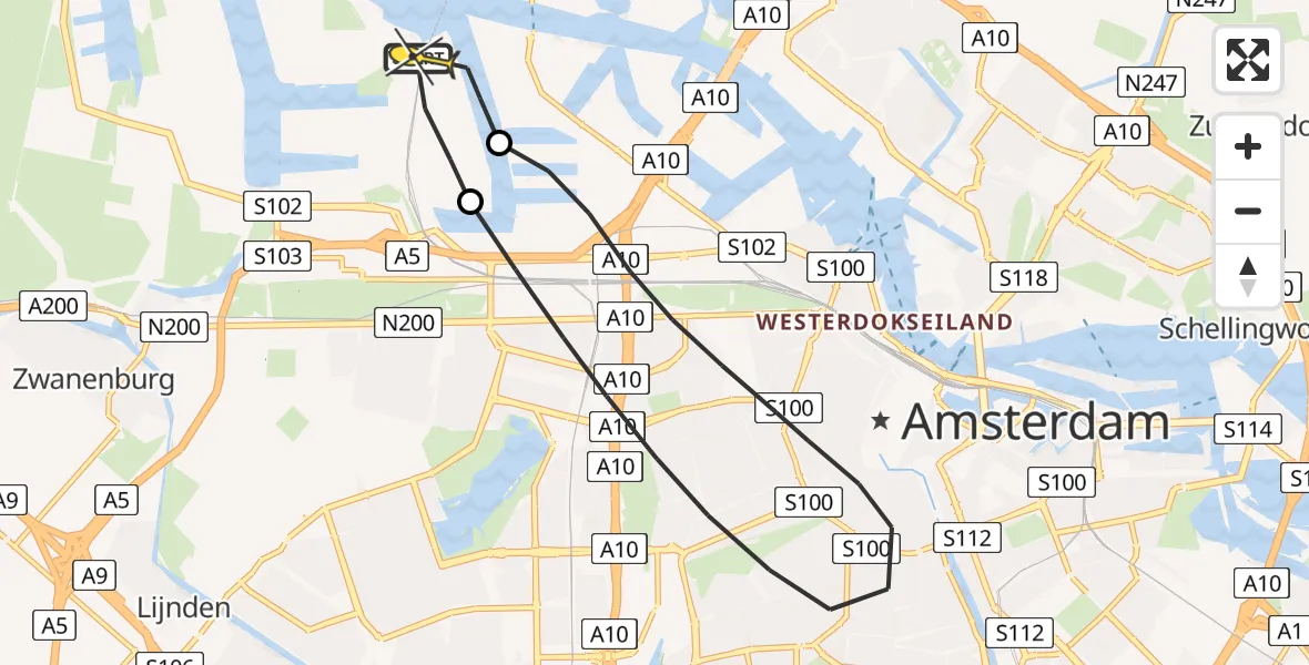 Routekaart van de vlucht: Lifeliner 1 naar Amsterdam Heliport, Capriweg