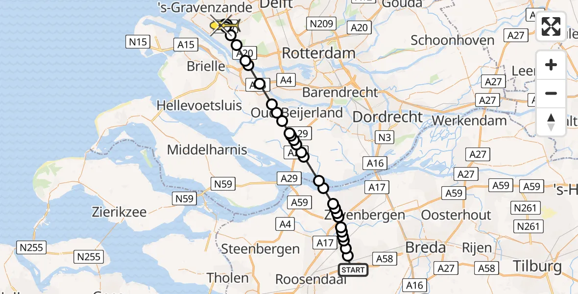 Routekaart van de vlucht: Lifeliner 2 naar Maasdijk, Burgemeester Elsenweg