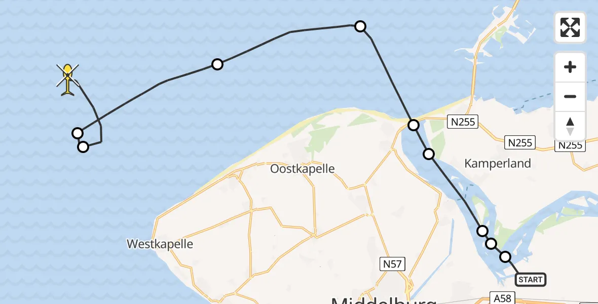 Routekaart van de vlucht: Kustwachthelikopter naar Vlissingen, Oranjeplaatweg
