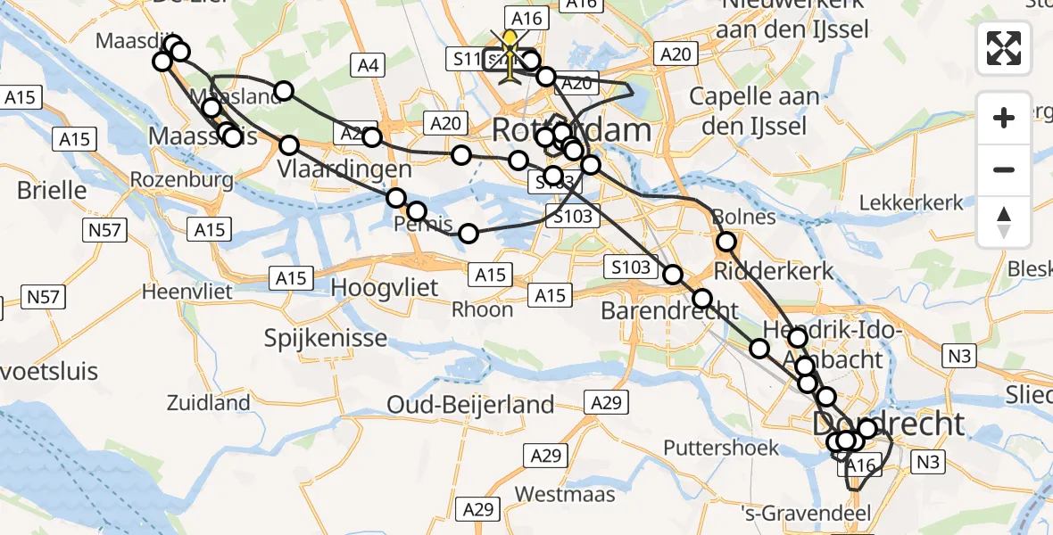 Routekaart van de vlucht: Politiehelikopter naar Rotterdam The Hague Airport, Brandenburgbaan