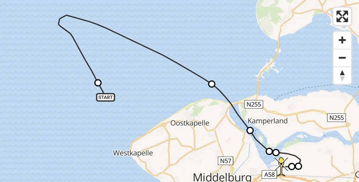 Routekaart van de vlucht: Kustwachthelikopter naar Vliegveld Midden-Zeeland, Calandweg