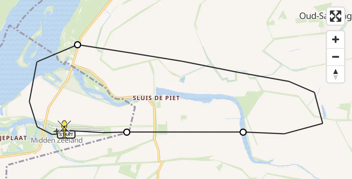 Routekaart van de vlucht: Kustwachthelikopter naar Vliegveld Midden-Zeeland, Calandweg