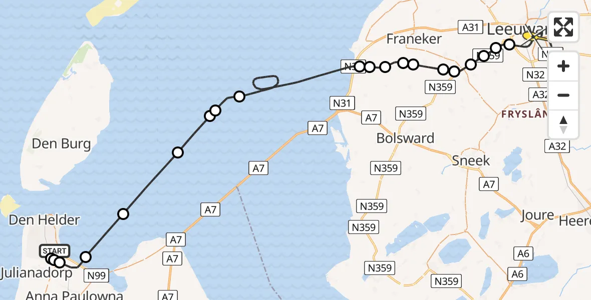 Routekaart van de vlucht: Kustwachthelikopter naar Leeuwarden, Aldlânsdyk