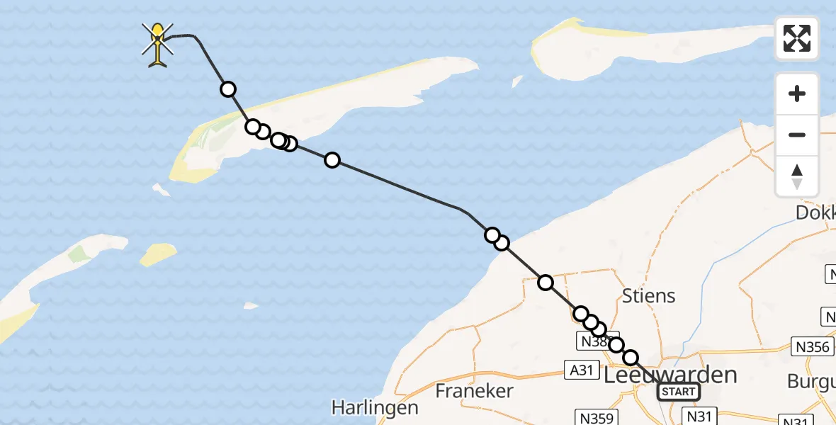 Routekaart van de vlucht: Kustwachthelikopter naar Heester Kooiweg