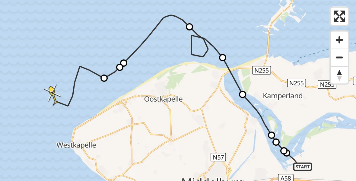 Routekaart van de vlucht: Kustwachthelikopter naar Vlissingen, Lamsoor