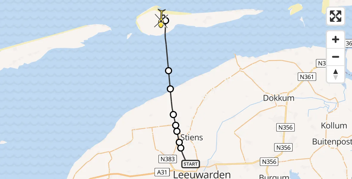 Routekaart van de vlucht: Ambulanceheli naar Ameland Airport Ballum, Strandweg