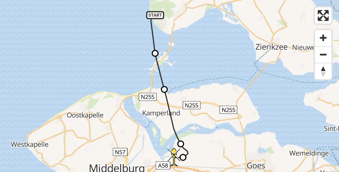 Routekaart van de vlucht: Kustwachthelikopter naar Vliegveld Midden-Zeeland, Calandweg