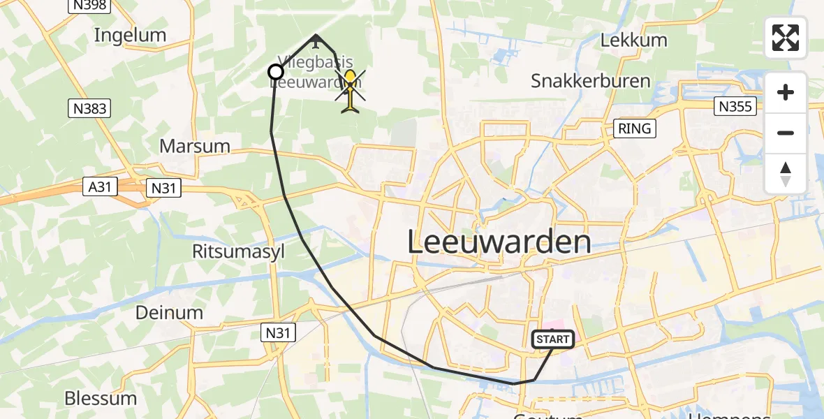 Routekaart van de vlucht: Ambulanceheli naar Vliegbasis Leeuwarden, Keegsdijkje