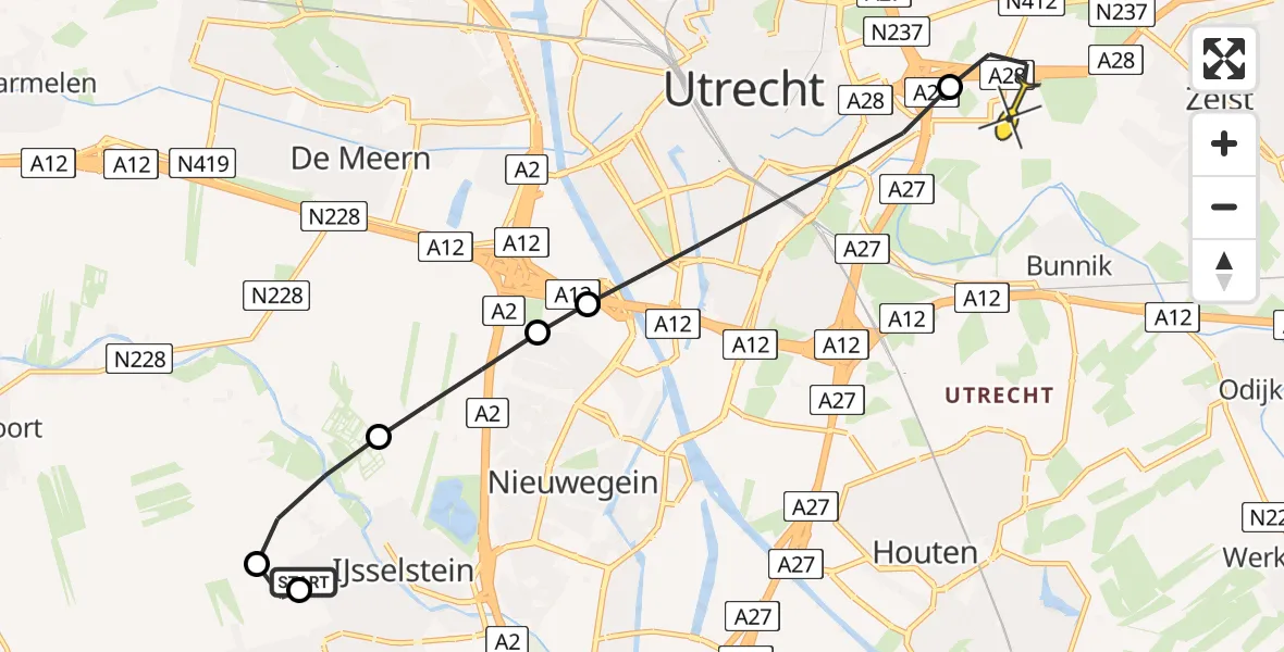 Routekaart van de vlucht: Lifeliner 2 naar Universitair Medisch Centrum Utrecht, Hoofddijk