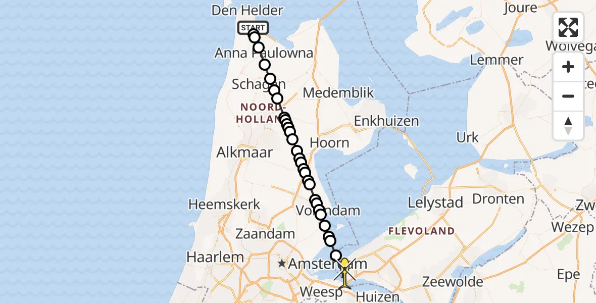 Routekaart van de vlucht: Kustwachthelikopter naar Almere, IJmeerdijk