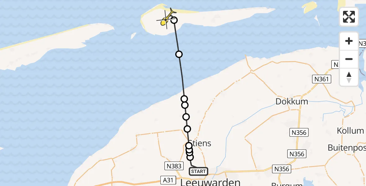 Routekaart van de vlucht: Ambulanceheli naar Ameland Airport Ballum, Strandweg