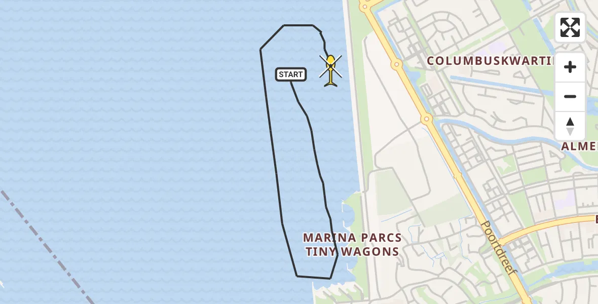 Routekaart van de vlucht: Kustwachthelikopter naar Almere, IJmeerdijk