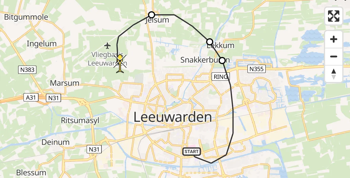 Routekaart van de vlucht: Ambulancehelikopter naar Vliegbasis Leeuwarden, Keegsdijkje