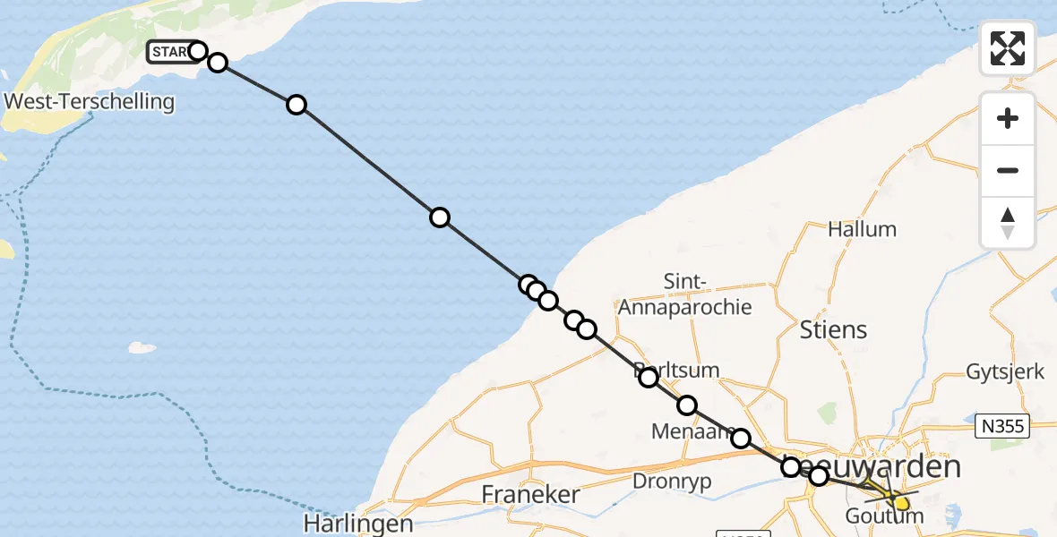 Routekaart van de vlucht: Ambulancehelikopter naar Leeuwarden, Aldlânsdyk