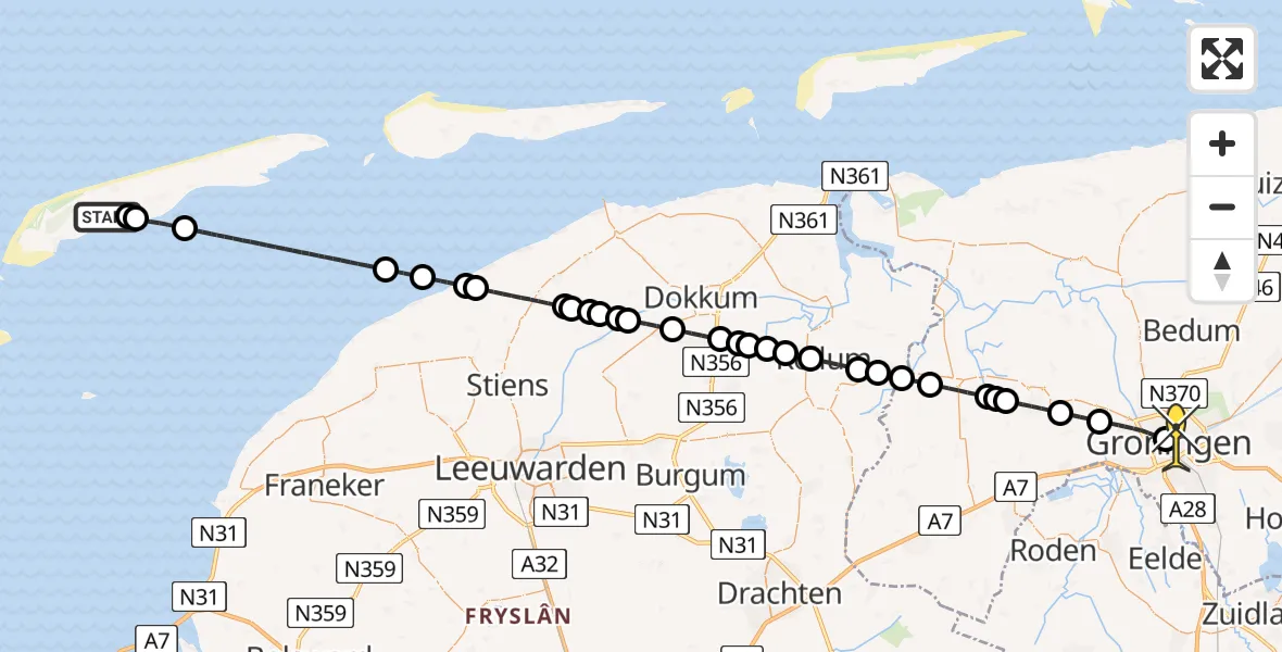 Routekaart van de vlucht: Ambulanceheli naar Universitair Medisch Centrum Groningen, Poortweg