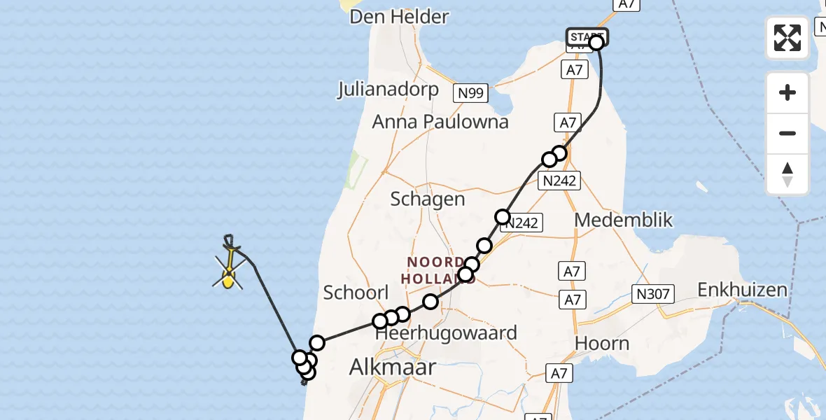 Routekaart van de vlucht: Kustwachthelikopter naar Vaarwater langs Nieuwe Zeug