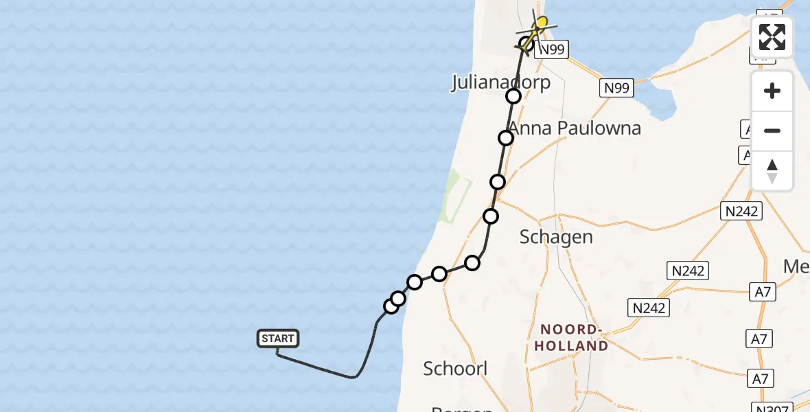 Routekaart van de vlucht: Kustwachthelikopter naar Vliegveld De Kooy, Luchthavenweg