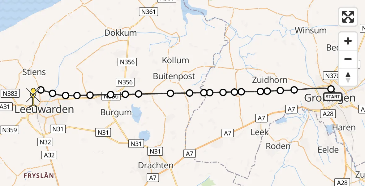 Routekaart van de vlucht: Ambulancehelikopter naar Vliegbasis Leeuwarden, Keegsdijkje