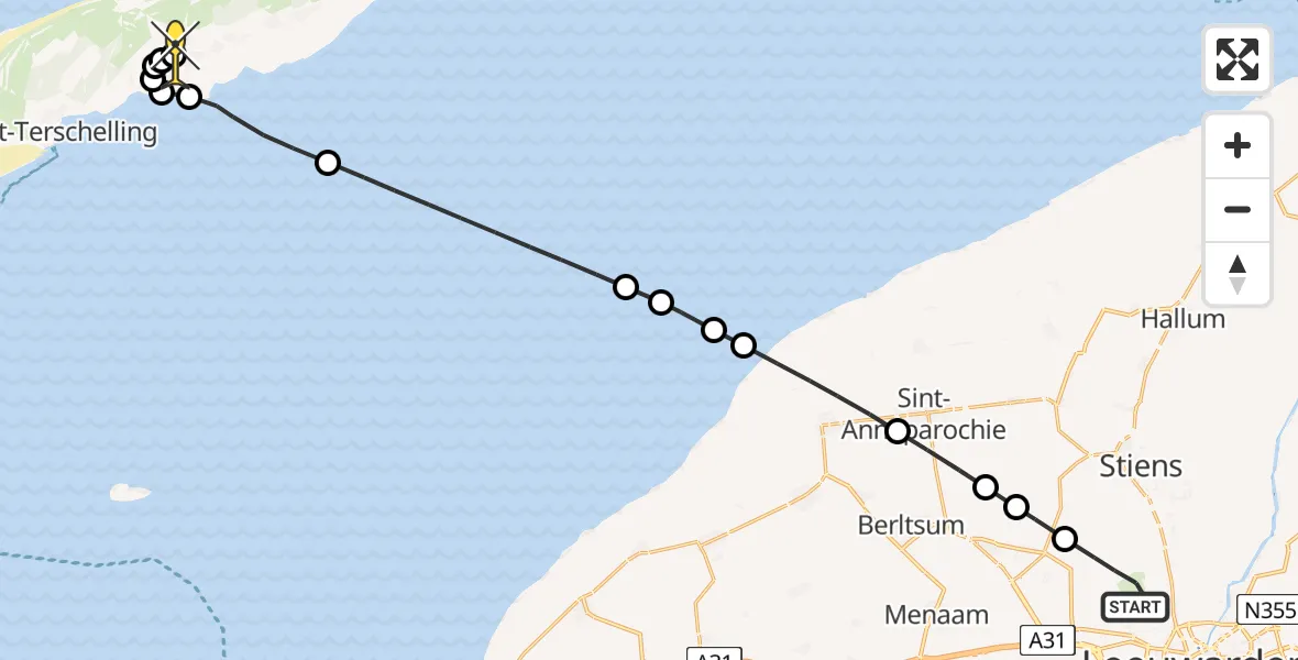 Routekaart van de vlucht: Ambulancehelikopter naar Midsland, Kallandspad