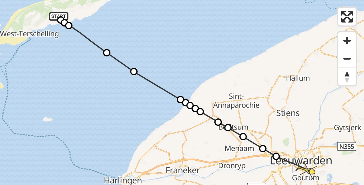 Routekaart van de vlucht: Ambulancehelikopter naar Leeuwarden, Aldlânsdyk
