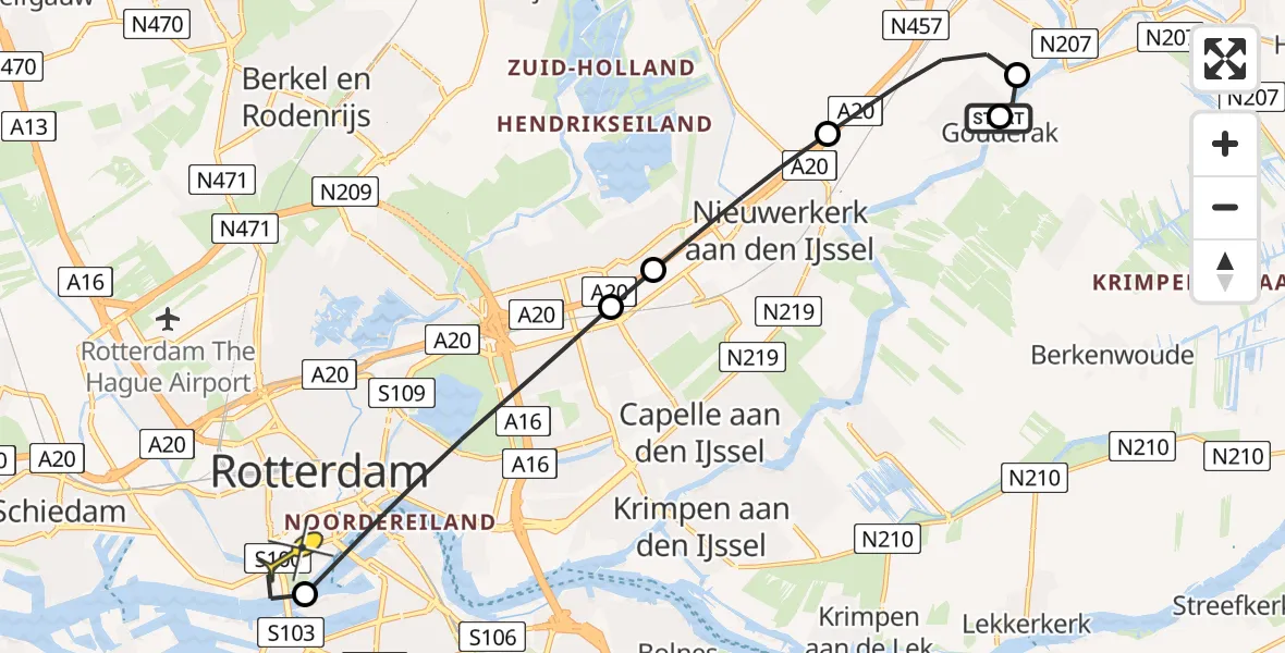 Routekaart van de vlucht: Lifeliner 1 naar Erasmus MC, Westzeedijk