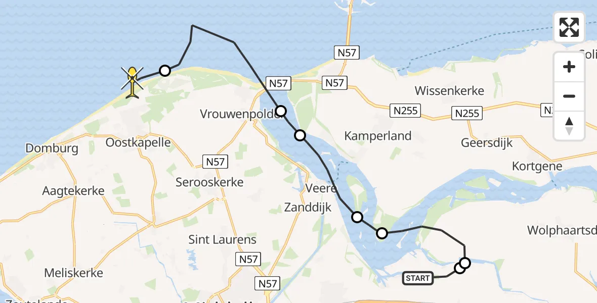 Routekaart van de vlucht: Kustwachthelikopter naar Oostkapelle, Strand Oostkapelle