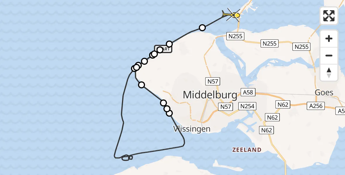 Routekaart van de vlucht: Kustwachthelikopter naar Vrouwenpolder, Noordelijke Pier