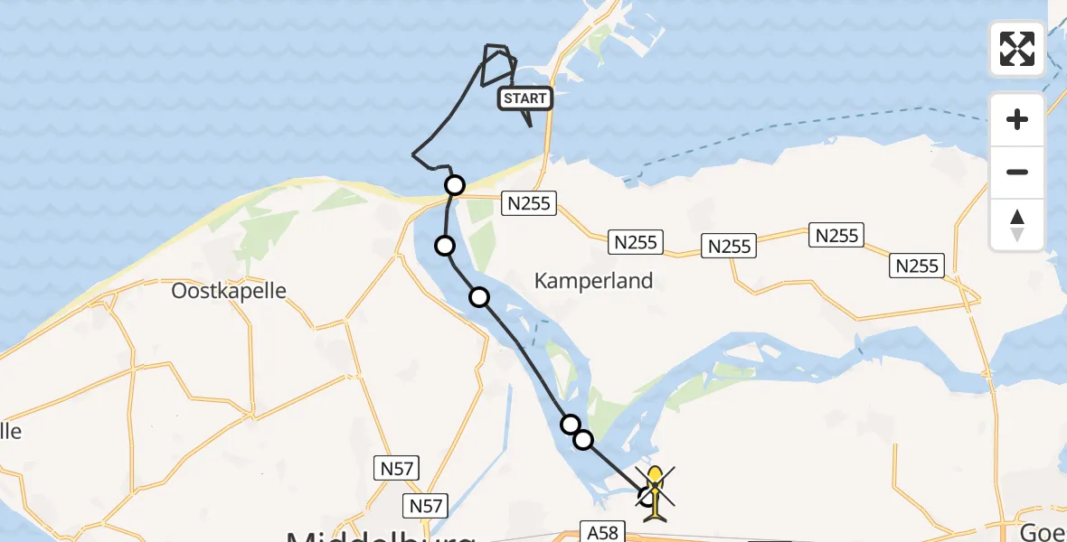 Routekaart van de vlucht: Kustwachthelikopter naar Vliegveld Midden-Zeeland, Calandweg