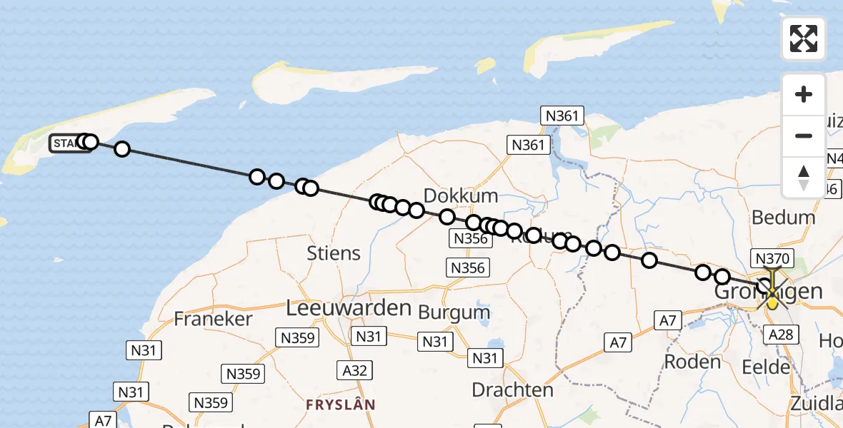 Routekaart van de vlucht: Ambulanceheli naar Universitair Medisch Centrum Groningen, Poortweg