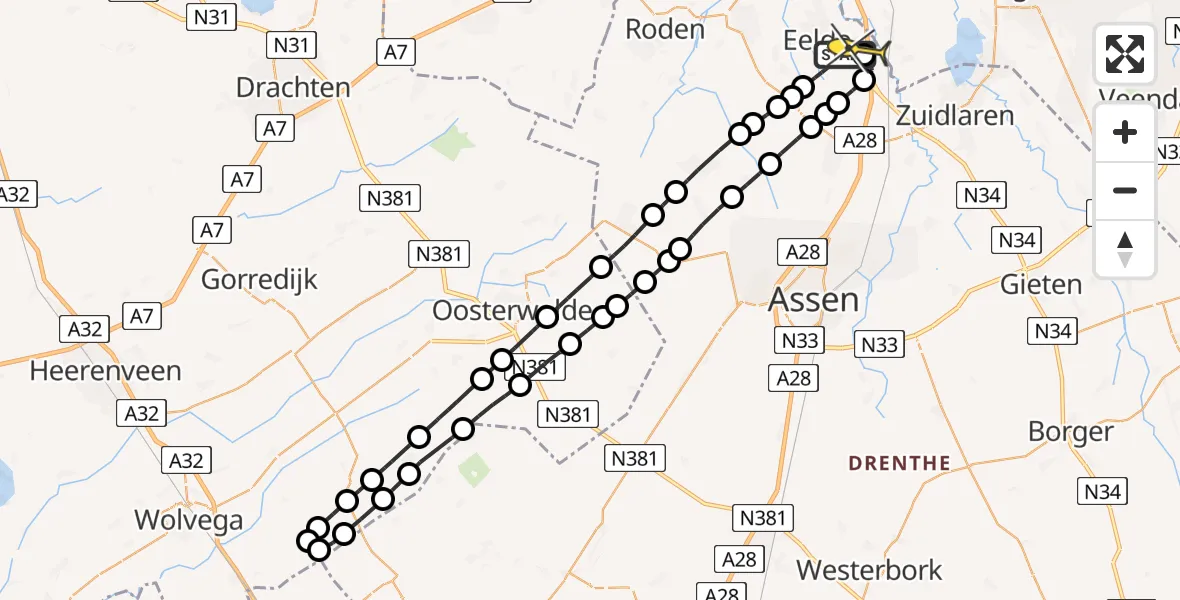 Routekaart van de vlucht: Lifeliner 4 naar Eelde, Burgemeester J.G. Legroweg