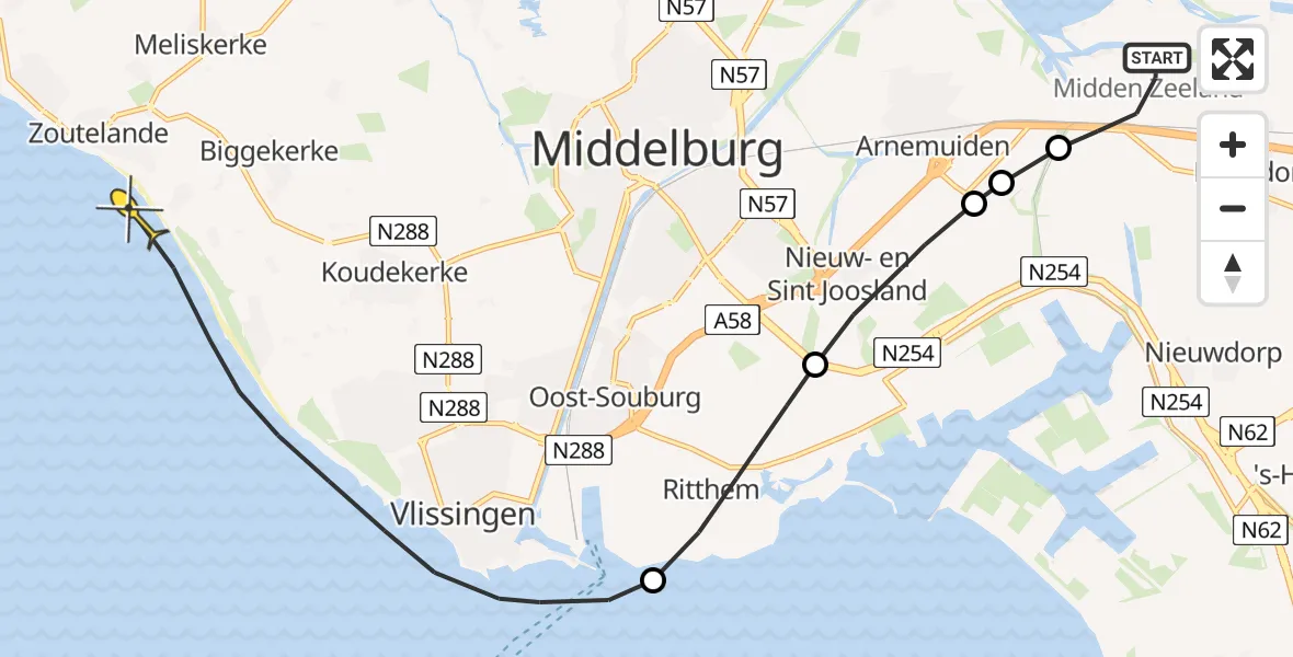 Routekaart van de vlucht: Kustwachthelikopter naar Vlissingen, Strand Biggekerke