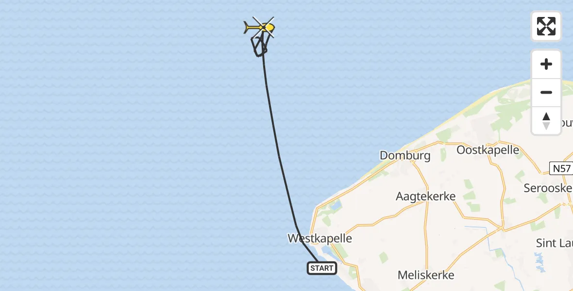 Routekaart van de vlucht: Kustwachthelikopter naar Vlissingen, Domburger Rassen